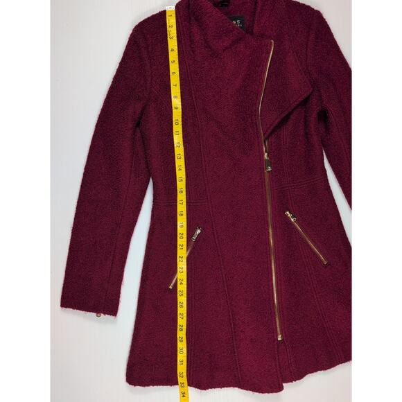 Guess Wool Blend Coat Women M Burgundy Asym Zip Fit Flare Moto Jacket Lined - Picture 13 of 16